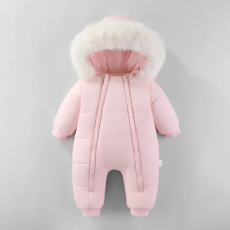 Newborn Baby Winter Snowsuit Furry Hooded Double Zipper Boys Girls Cotton Padded Jumpsuit 0-2Y Kids Warm Outwear Romper