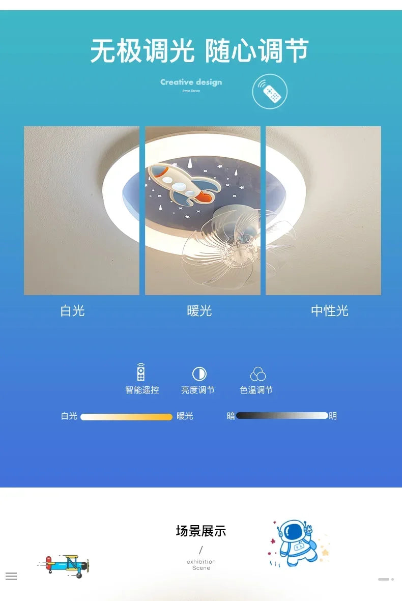 Modern Kids Room Ceiling Fan Light Cartoon Moon Astronaut Ceiling Lamp Boy Girl Bedroom Nursery Study Chandelier Ceiling Lights