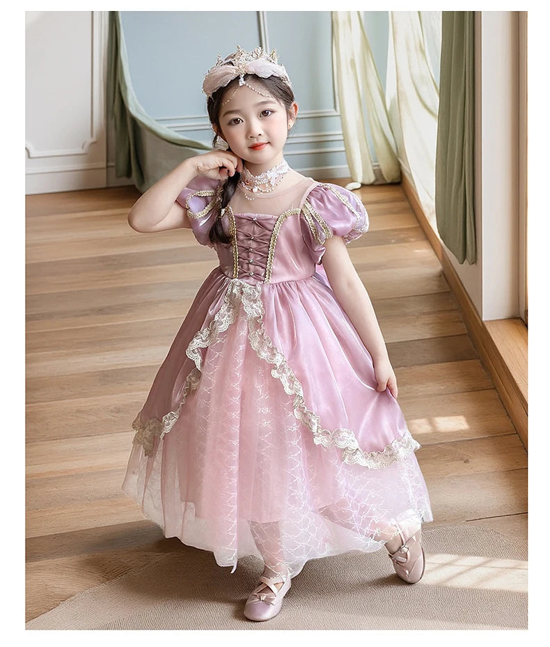 Kids Pink Aurora Princess Lolita Dress Halloween Costume Girl Sleeping Beauty Princess Cosplay Birthday Party Dresses for 2-12Y