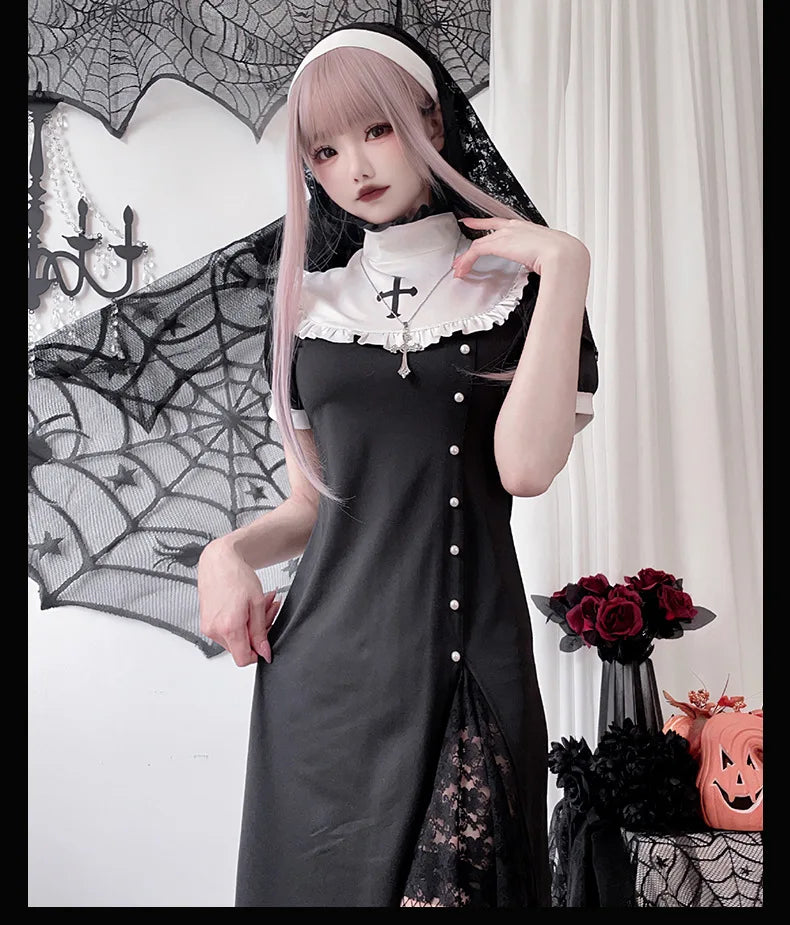 [You're My Secret] 2026 Halloween Cosplay Costumes Women's Vampire Costume Gothic Nun's Clothing Sexy Lace Slim Fit Black Dress