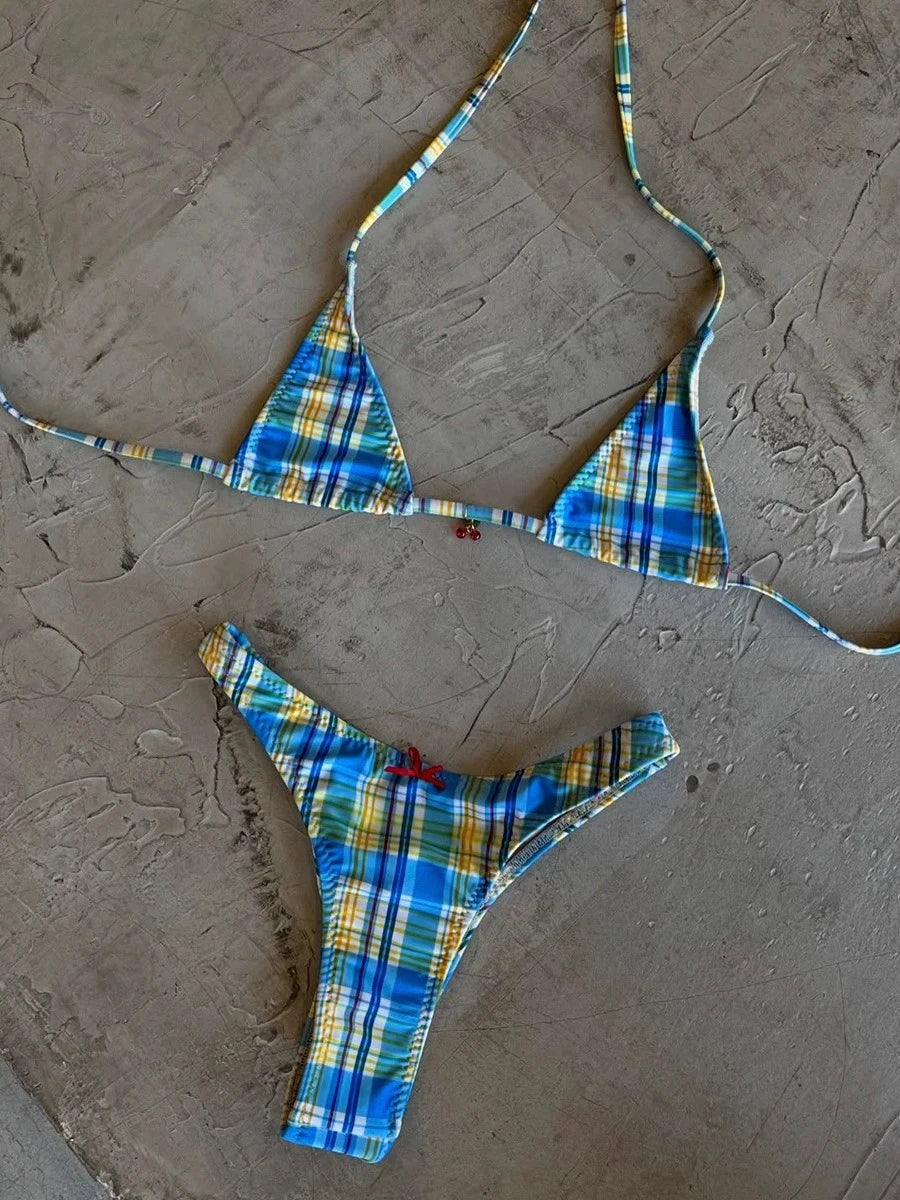 Sexy Blue Plaid Micro Bikini Set 2026 Women Halter Push Up Bra Bow Thong Swimsuit Summer Holiday Bathing Suit Triangle Swimwear