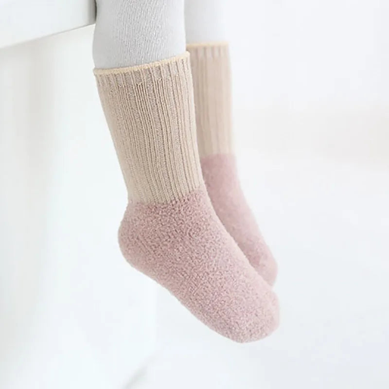 5 Pairs Winter Unisex Kids Baby Socks Infant Patchwork Non-slip Tube Socks Cotton Thick Warm Fleece Newborn Baby Stockings
