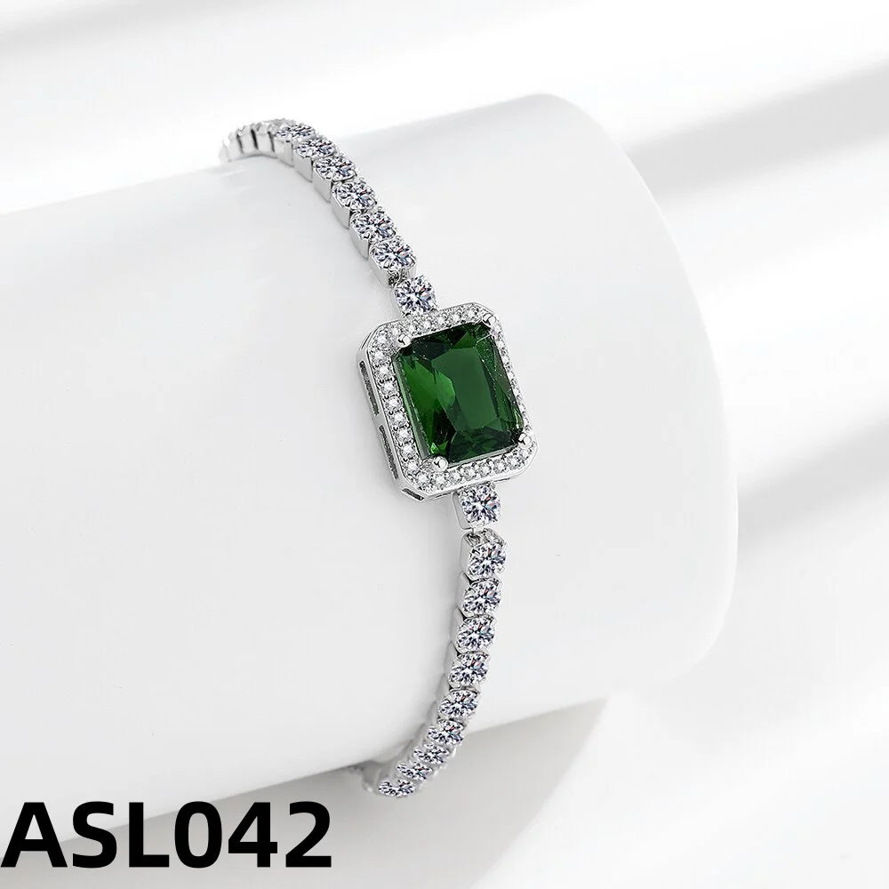 925 Sterling Silver Bracelet, Square Imperial Green Zircon Adjustable Size, Luxury Elegant Jewelry Bracelet For Men And Women