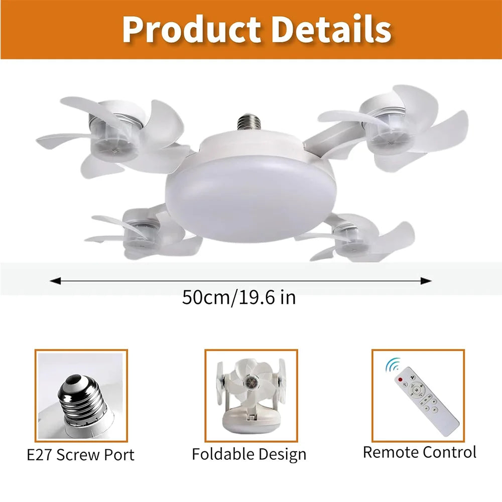 E27 Screw in Ceiling Fan with Remote Control Socket Fan Light Drone Fan Dimmable 3Color Temperatures for Bedroom Kitchen Garage