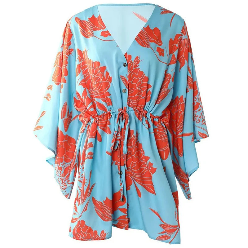 Women Casual Loose Dress Beach Boho Dress Fashion Vintage Print V Neck Drawstring Mini Dress Summer Dresses Robe Femme 2022