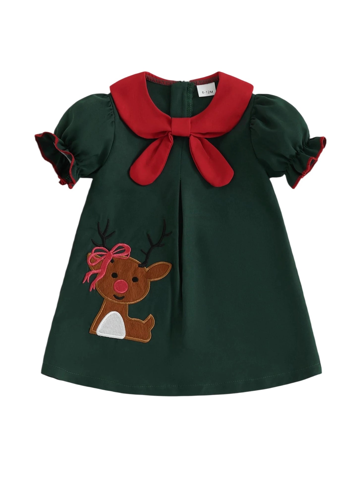 Tregren Toddler Girl Christmas A-Line Dress Reindeer Embroidered Doll Collar Short Sleeve A-line Dress New Year Festival Clothes