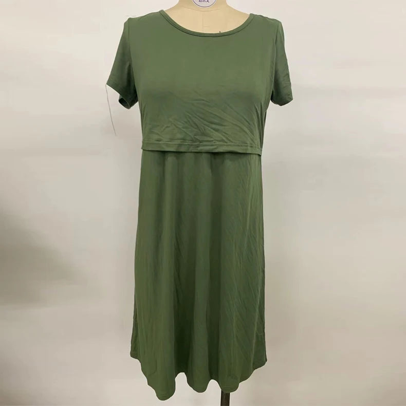 Solid Color 2 in 1 Nursing Breastfeeding Night Dress Ladies Pregnant Women Nightgown Dress Summer Short Sleeve Maternity Dress