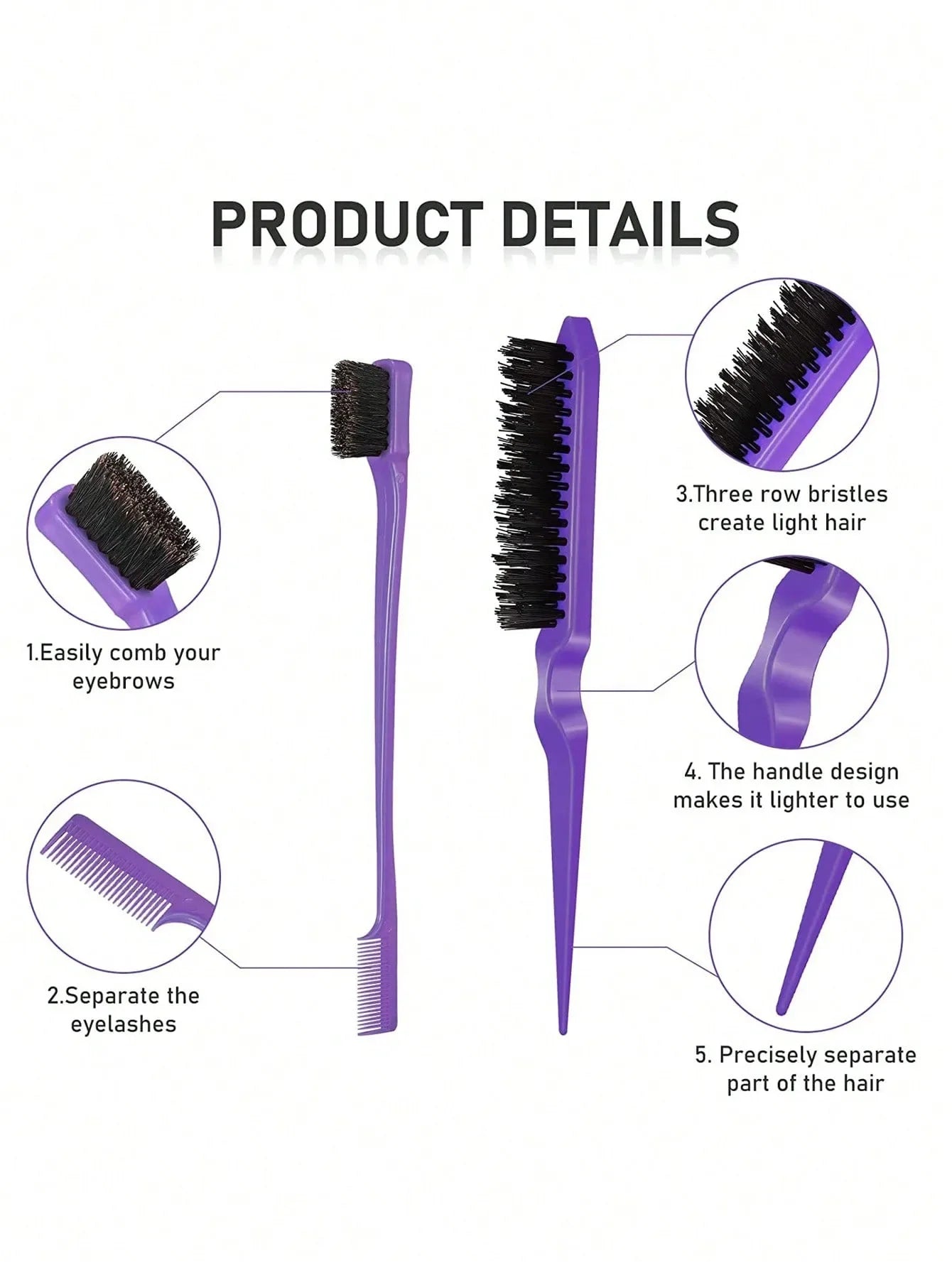 3pcs Styling Comb Set with Triple Tear Hair Brush Mouse Tail Comb Edge Brush, Salon Hair Styling Tool Special for Real Hair Wigs
