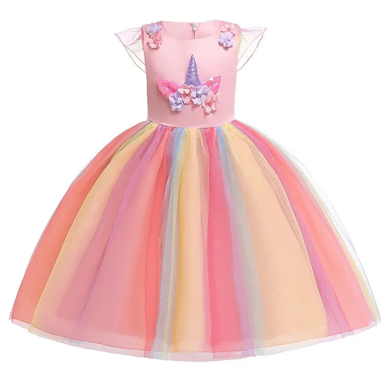 Girl Unicorn Halloween Fancy Princess Dress Teen Girls Rainbow Colorful Cosplay Costume Kids Birthday Party Dresses Tulle Wear