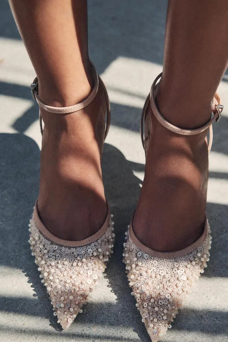 Pumpkin Color Diamond High Heels Pointed Toe Backless Sandals Evening Shoes Low Heel Single Shoes Rubber Upgraded Version