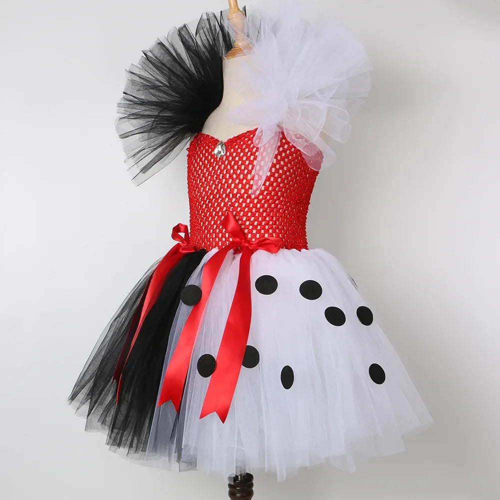 Halloween Crulla Cosplay Costume Cruella Tulle Dress Party Girls Black White Carnival Kids Cruella Wig Lace Mask Suit Clothes