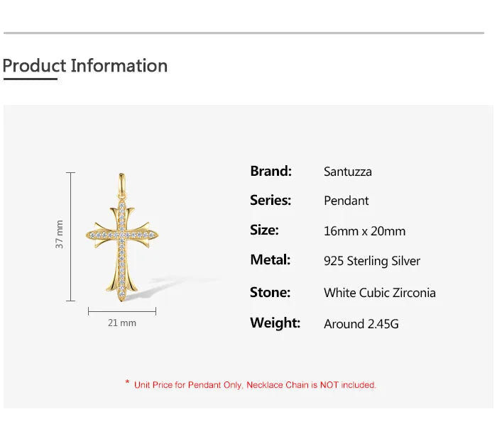 SANTUZZA Authentic 925 Sterling Silver Pendant For Women Sparkling White Cubic Zirconia Elegant Cross Wedding Gift Fine Jewelry