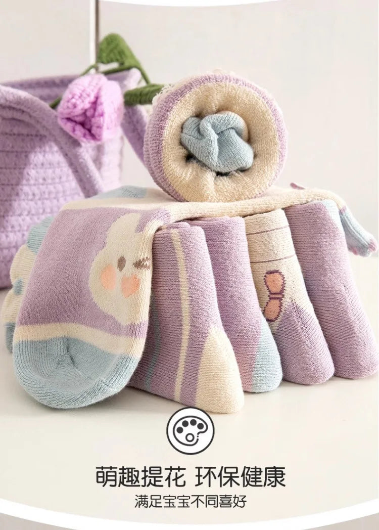 5 pairs of thick socks for girls in winter, medium to large-sized long tube looped socks with fleece added
