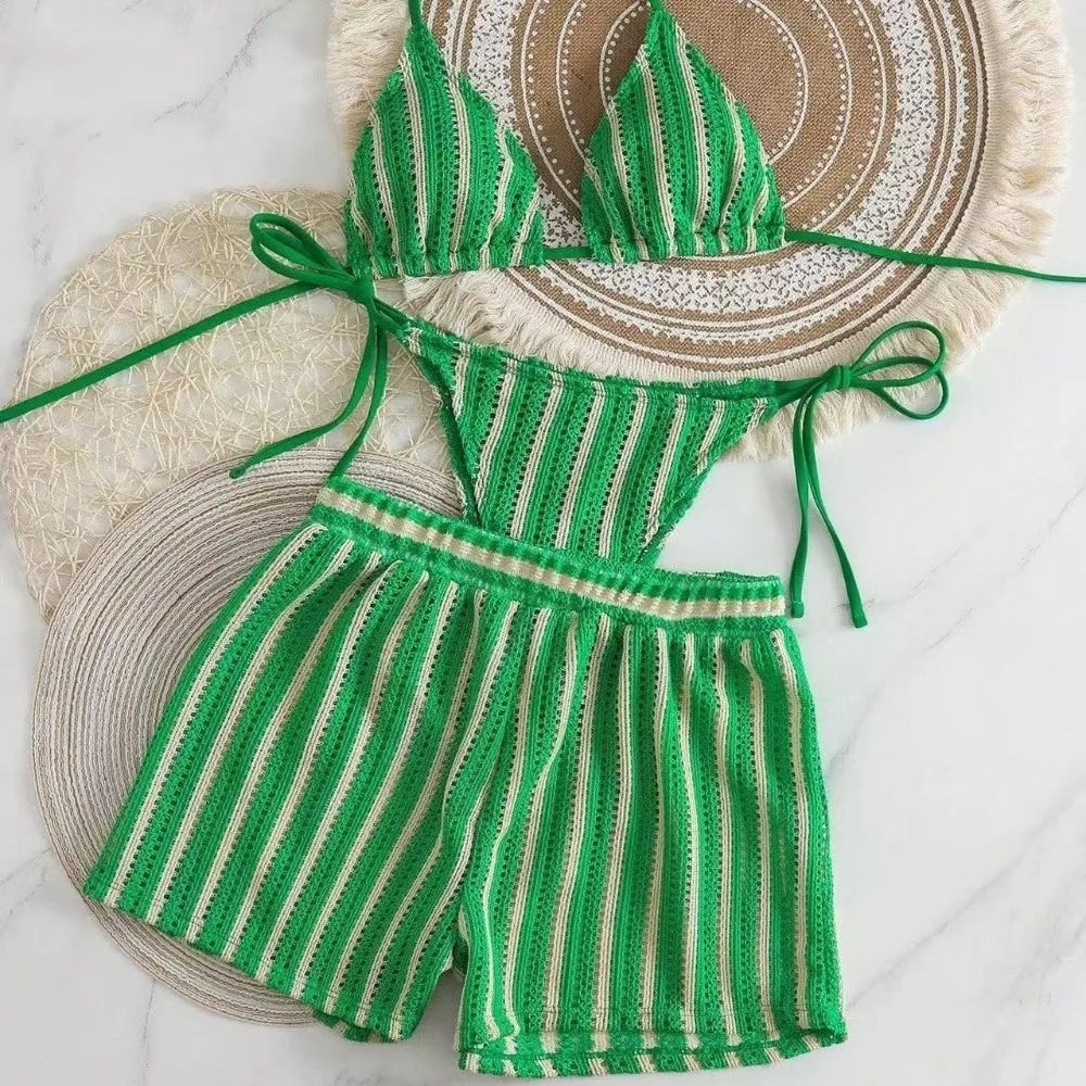 Fashion Stripes 3 in 1 Swimwear Set Lace Up Slim Fit Bikini Bathing Suit Deep-V Sleeveless Knitting Swimsuit Vacation