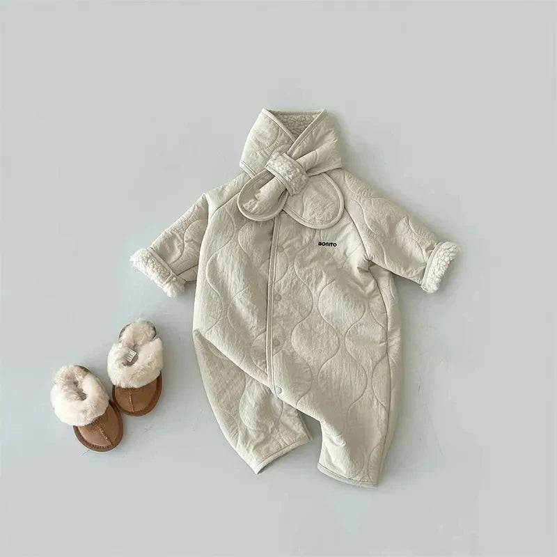 Korean Baby Jumpsuit Scarf Set Autumn Winter Lamb Wool Romper for Boys Girls Toddler Infant Clothes Loose Newborn Onesie 2Pcs