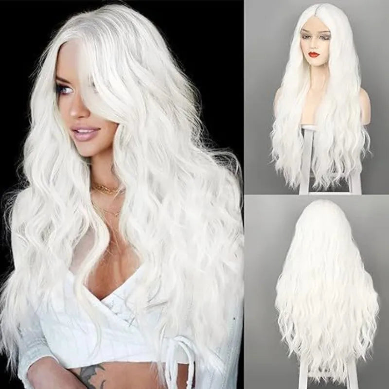 Long White Syntheic Wigs for Women 30 Inches Wavy Lace Heat Middle Part Natural Looking Silky Wig for Daily Use Halloween