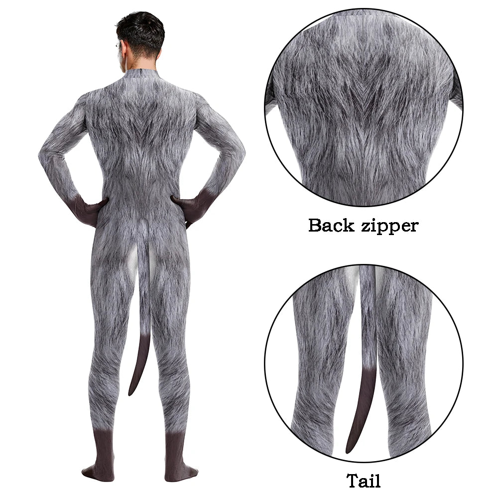 Halloween Cosplay Costume Male Adult Full Cover Elastic Zentai Pet Suit Jumpsuit Print Catsuit Bodysuits with Tail Purim Clothes