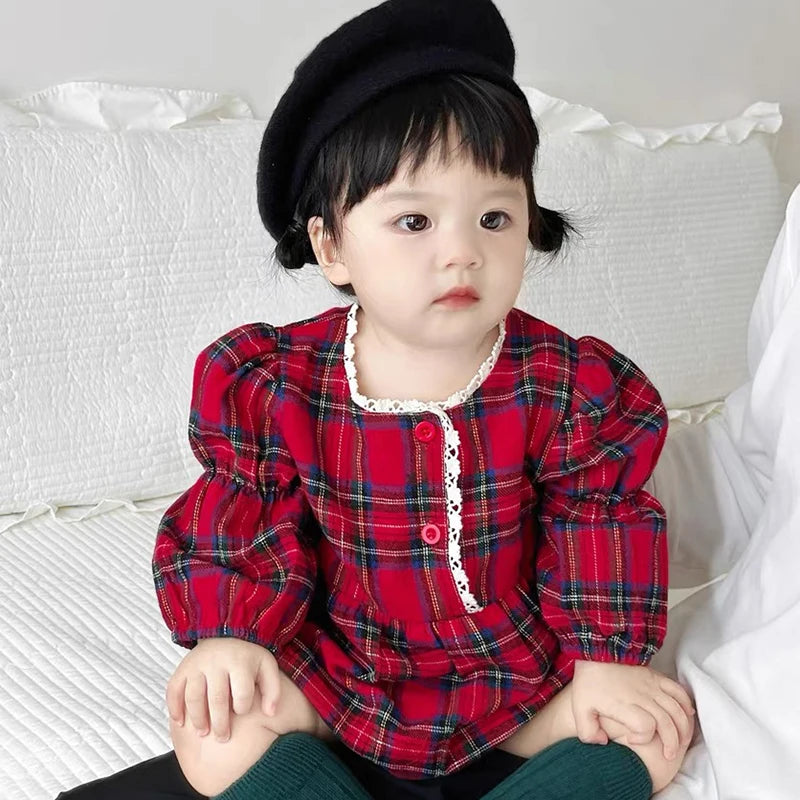 2025 Christmas New Infant Baby Girl Bodysuits Lace Cotton Red Grid Newborn Baby Girl Jumpsuit New Year Party Children Clothes