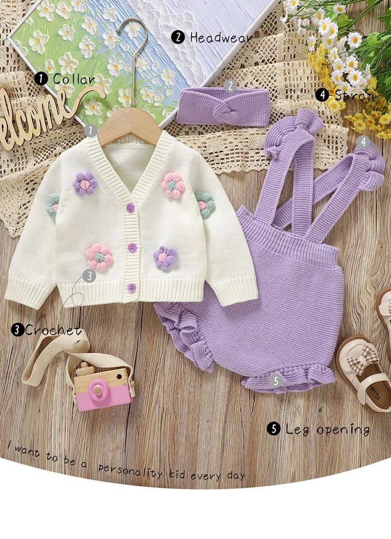 Girl Baby Clothes Set Knit Newborn Sweater Long Sleeve +Pants Fashion Ruffle +Hearwear Autumn Infant Cardigan Bodysuit Headdress