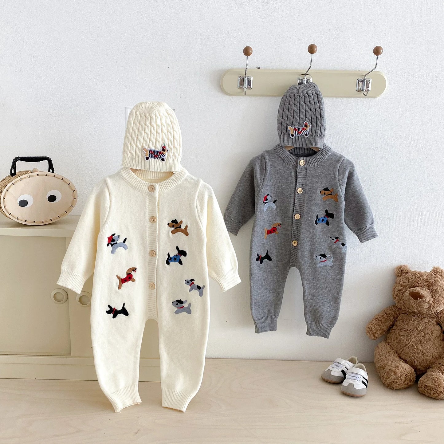 2Pcs Autumn and Winter Baby Clothes Cute Cartoon Dog Newborn Clothes Knitted Warm Boys and Girls Baby Jumpsuit+Hat Set