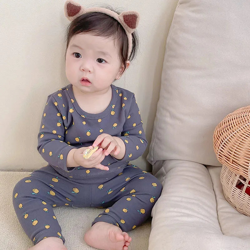  Fall Baby Pajamas Set 0-3Y Girls Lemon Printed Sleepwear 2Pcs Infant Boys Underwear High Waist Belly Protection Home Clothes