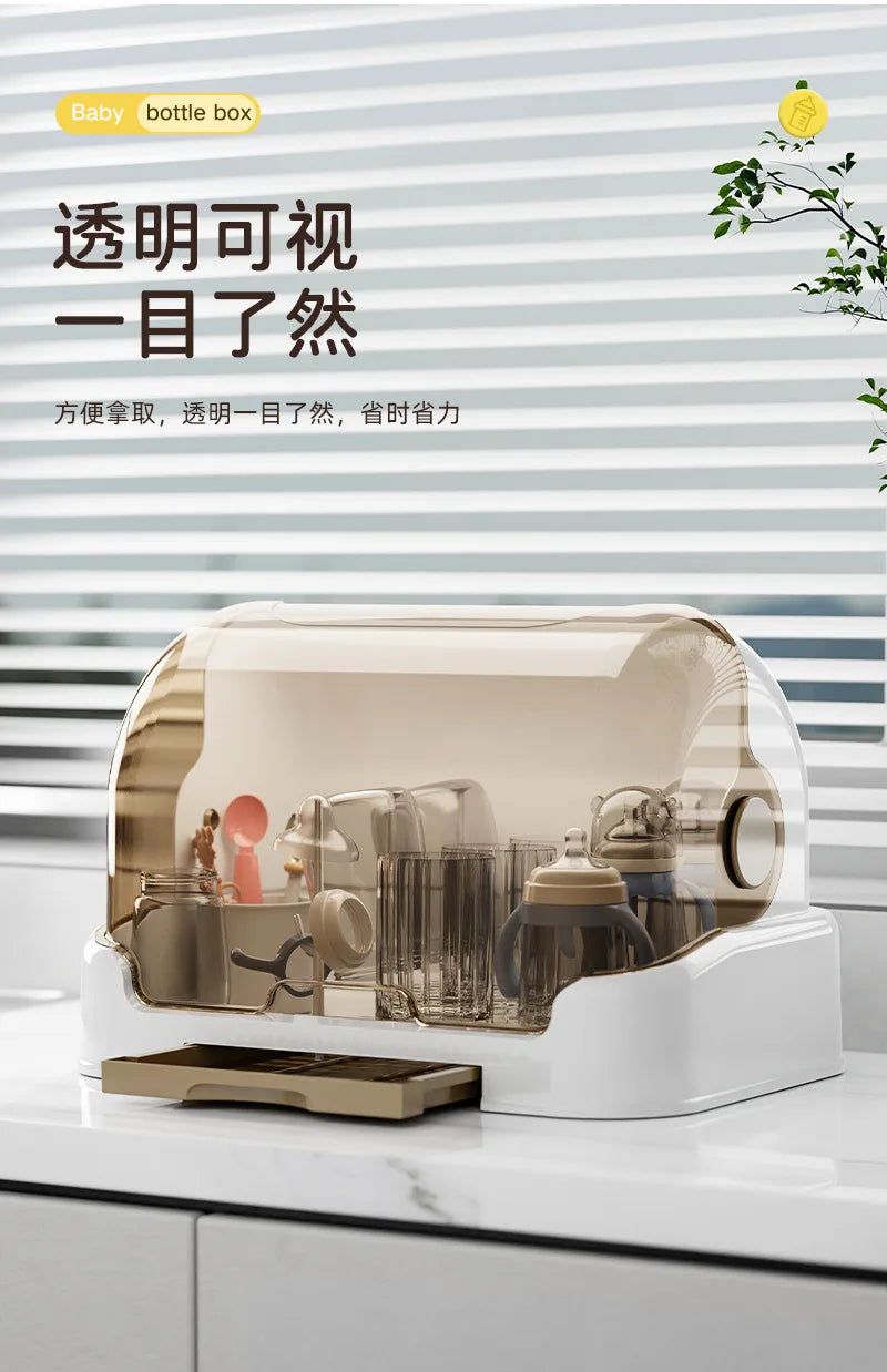 New Baby Bottle Drying Rack & Bottle Organizer Dustproof Storage Container with Removable Drip Tray, Hygienic Feeding Accessorie