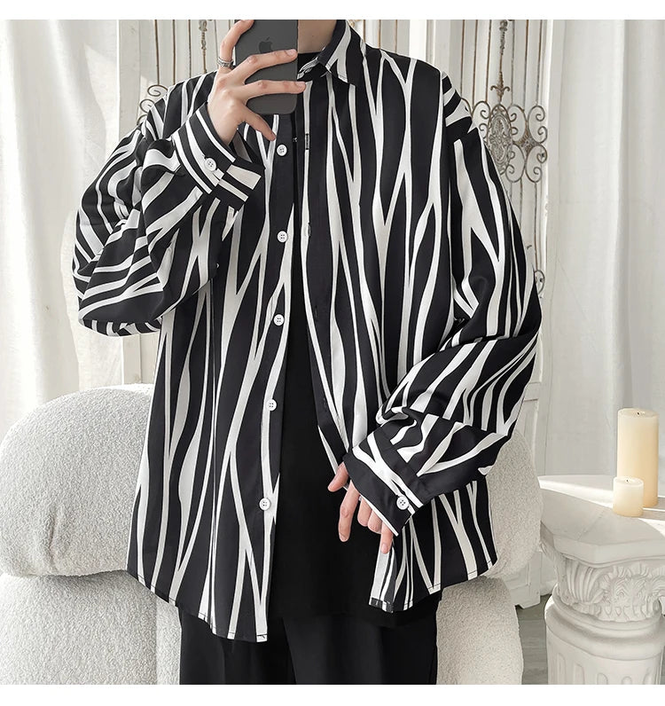 Men's Long Sleeve Striped Shirts Spring New Korean Button Up Shirt Unisex Fashion Casual Oversize Blouse Printed Clothing