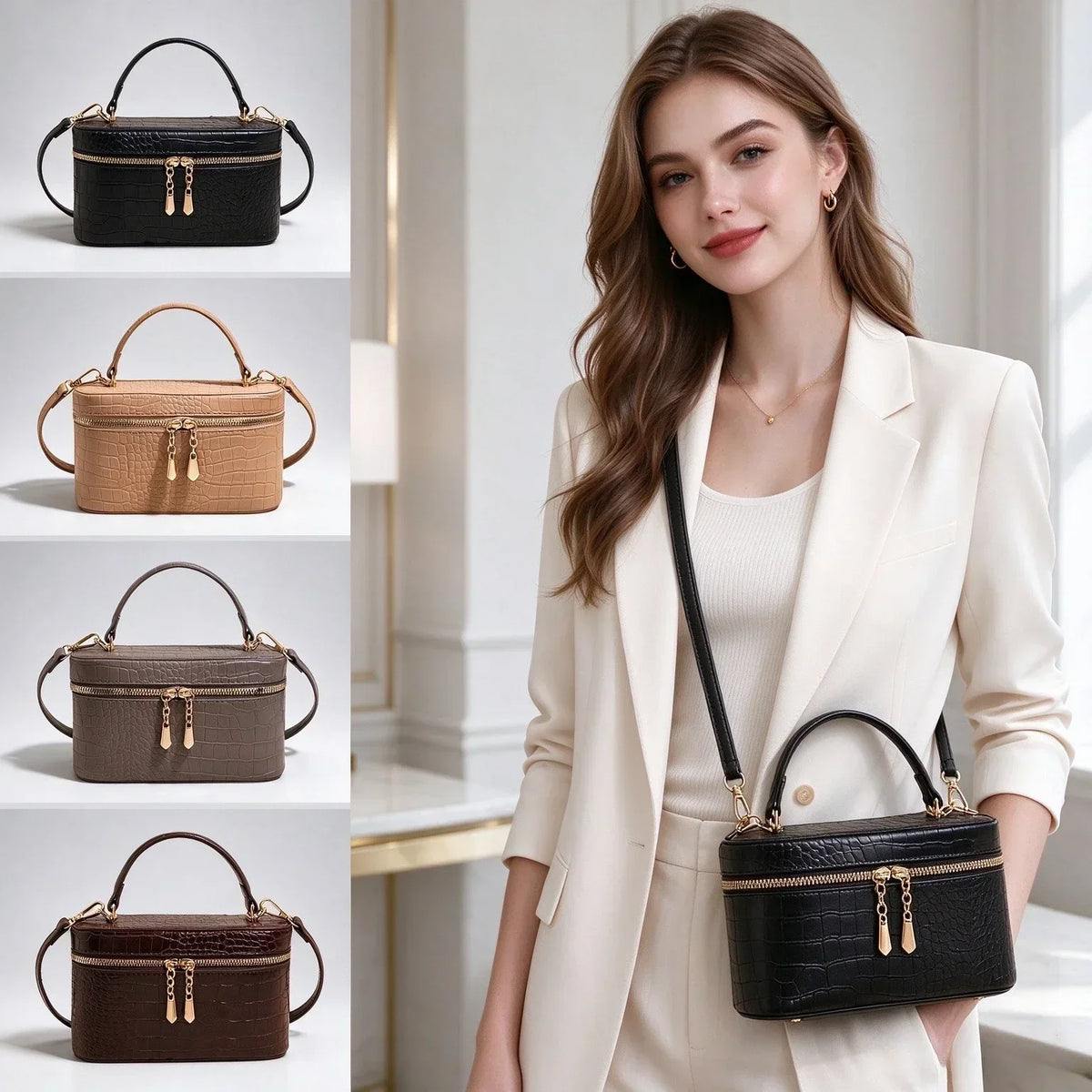 Luxury Crocodile Pattern Box Handbag for Women Elegant Faux Leather Mini Crossbody Bag Portable Top Handle Shoulder Purse