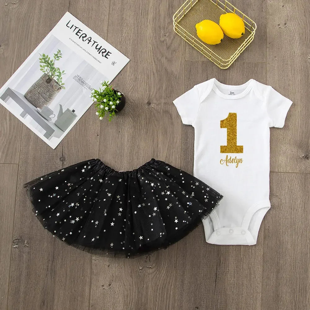 Personalized Birthday Baby Girl Dresses Custom Name Sequin Tutu Skirts Girl Clothes Infant Birthday Gift Baby Short Sleeve Dress