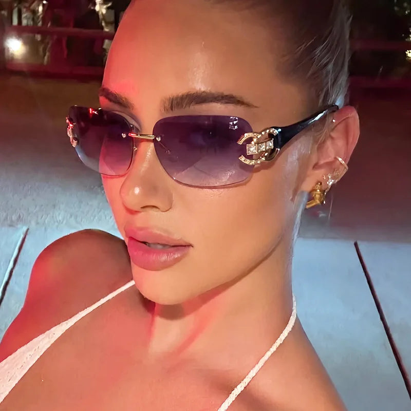 Sexy Popular Ins Rimless Square Sunglasses for Women Luxury Brand Design Diamond Punk Sun Glasses Cute Pink Shades Girls Eyewear