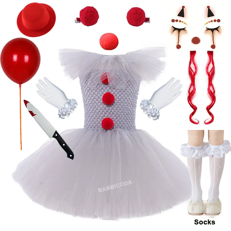 Halloween Pennywise Costume Creepy Clown Gray Tutu Dress Outfit Girls Fancy Carnival Party Tulle Dresses Joker Clothes