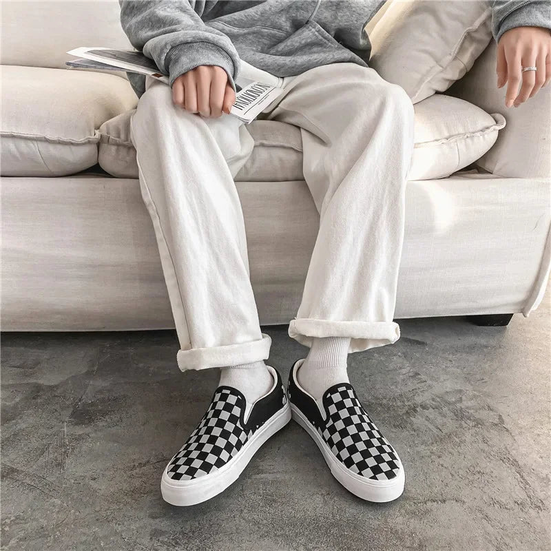 Black White Plaid Canva Women's Shoes Student Vintage Hong Kong Style Versatile Flat Shoes Korean Version Harajuku Casual