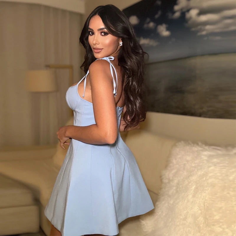 HXAO Bow Short Dresses for Women Blue Thin Straps Backless Sleeveless Women's Dresses Casual Sexy Lady Dress Elegant Party Dress
