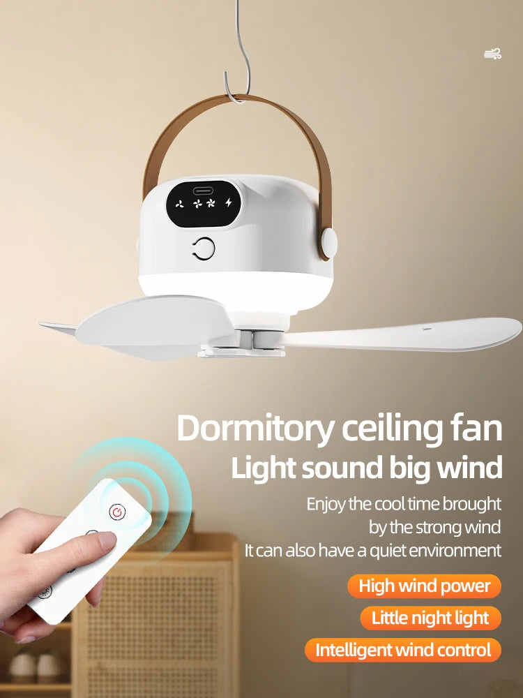 Portable Mini Ceiling Fans Outdoor Camping Fan Tent Ventilator Cooler Rechargeable Electric Fan Remote Control LED Lighting