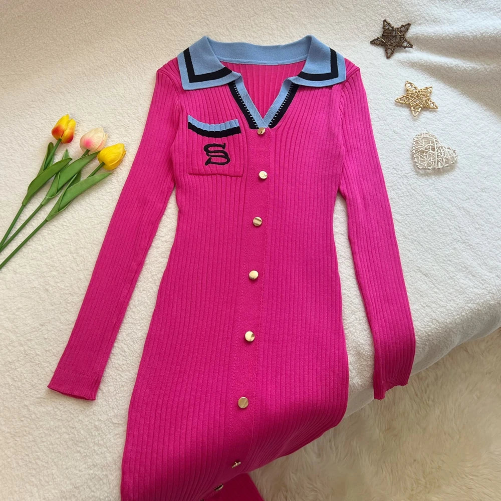 YuooMuoo Women Dress 2025 Autumn Winter Fashion Y2K Embroidery Slim Elastic Long Sweater Dress Elegant Lady Office Dress Vestido