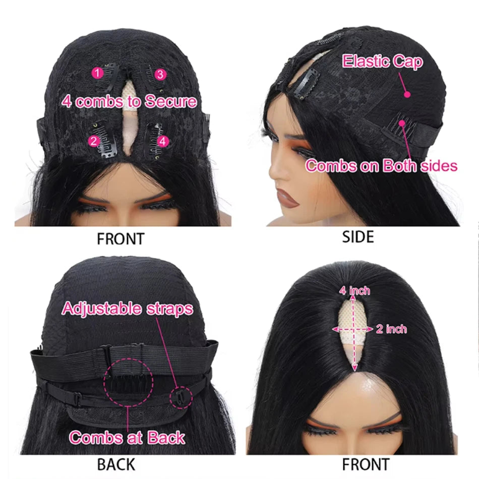 Kinky Straight V Part Wig Human Hair For Women with Drawstring 250% Density Upgrade Glueless U Part Wig No Leave Out No Sew In