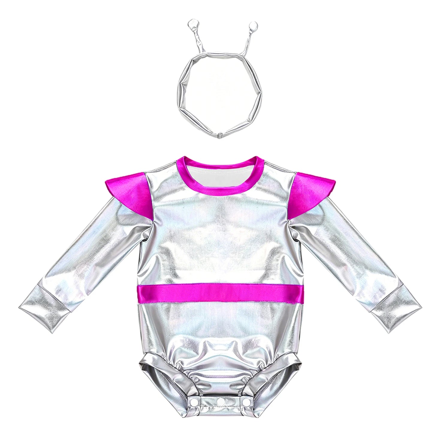 Toddler Boys Girls Metallic Alien Dress-up Costume Jumpsuit Halloween Outer Space Party Cap Sleeve Shiny Romper for Photography