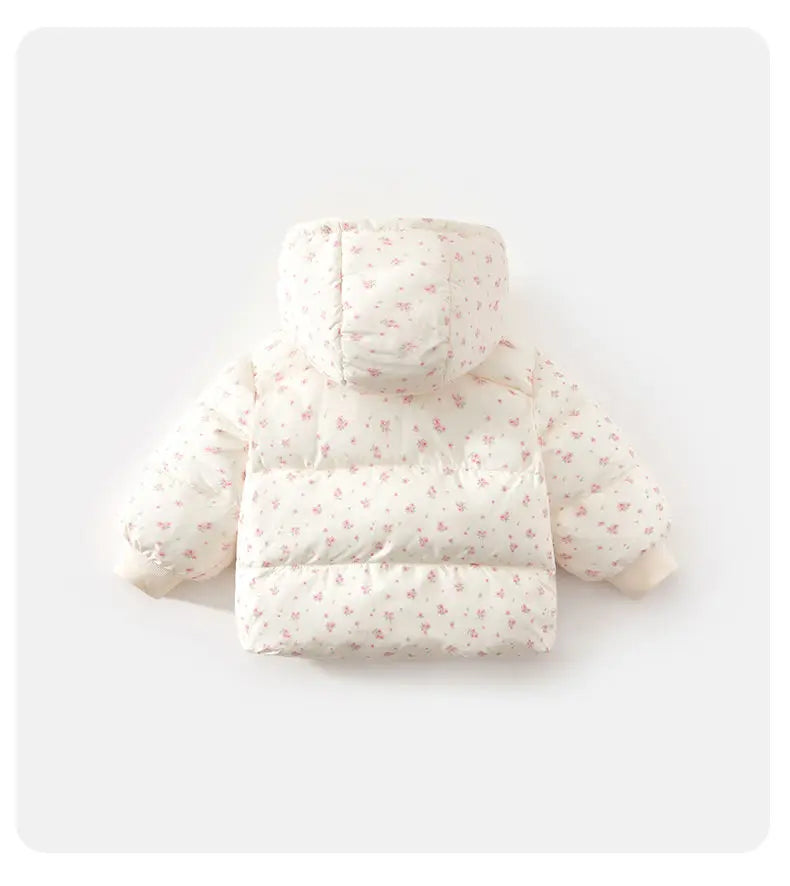 Winter 2024 Girls Plush New Fashion Sweet Floral Cotton Jacket Baby Cotton Hooded Autumn and Winter Bow Coat