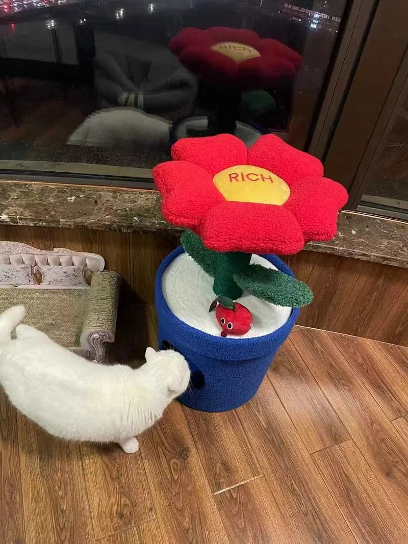 Red Flower Potted Cat Tree with Integrated Cat Bed Below Medium-Sized Cat Tree (Suitable for Cats Under 15 lbs)