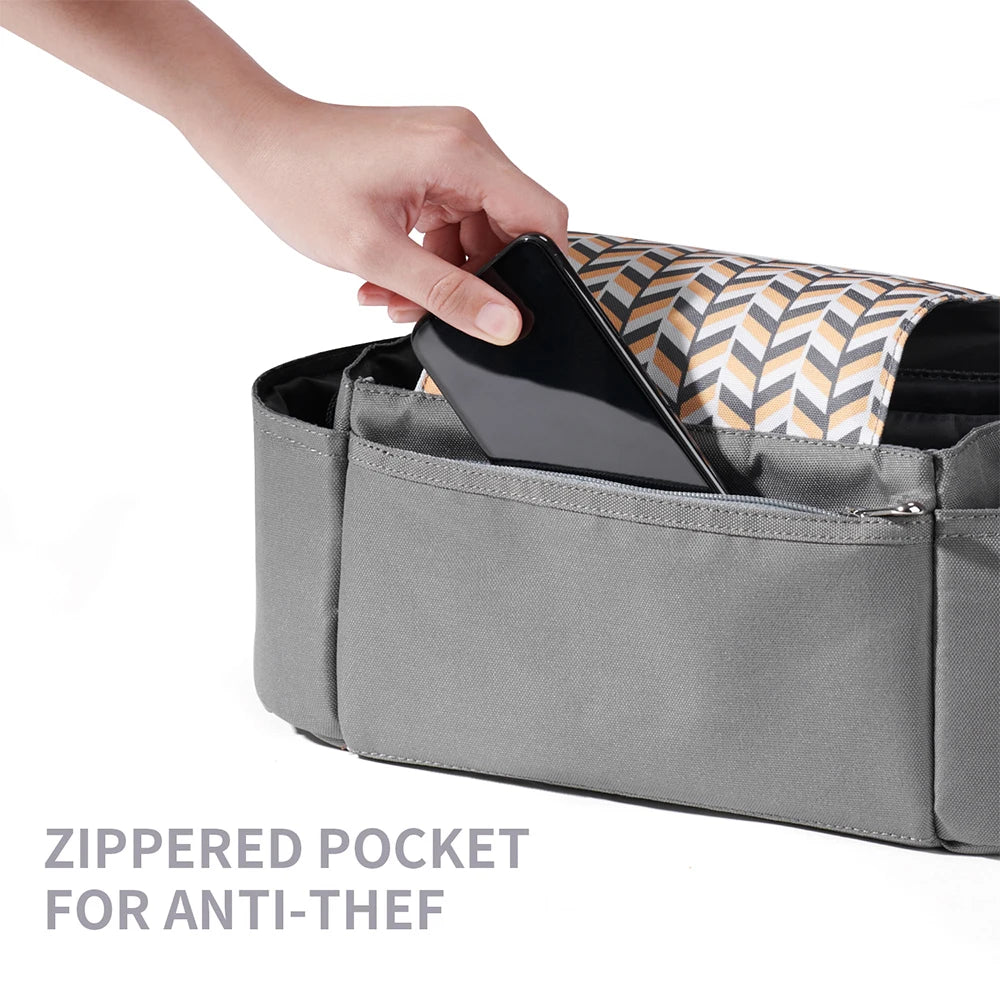 Universal Baby Stroller Organizer Expandable Diaper Bag with Shoulder Strap,Cup Holder,Zipper Pocket Stroller Accessories Travel