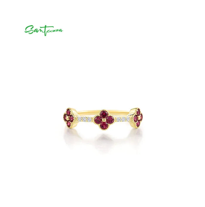 SANTUZZA 925 Sterling Silver Stackable Ring For Women Created Ruby Sapphire White CZ Delicate Flowers Wedding Gifts Fine Jewelry