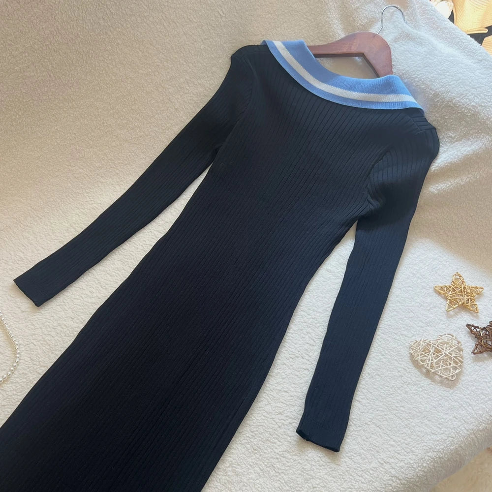 YuooMuoo Women Dress 2025 Autumn Winter Fashion Y2K Embroidery Slim Elastic Long Sweater Dress Elegant Lady Office Dress Vestido