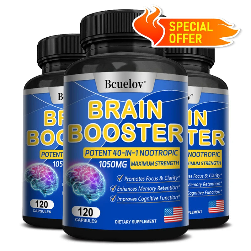 Brain Nutrition Capsules - Dietary Supplement, 40-in-1 Potent Formula, Vegan, Non-GMO, Supports Focus and Brain Health