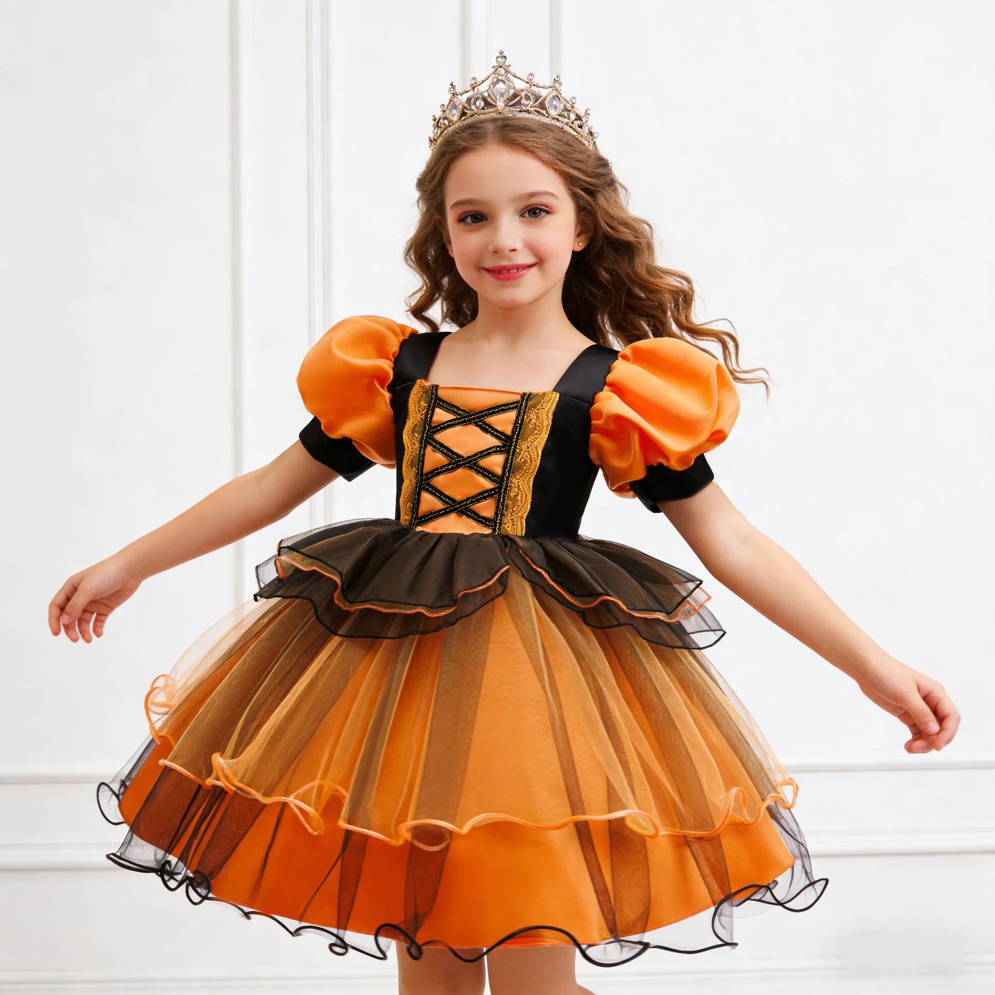 Girls Halloween Witch Costume Puff Sleeve Orange Black Layer Tulle Tutu Dress Kids Pumpkin Cosplay Outfit With Witch Headband Pu