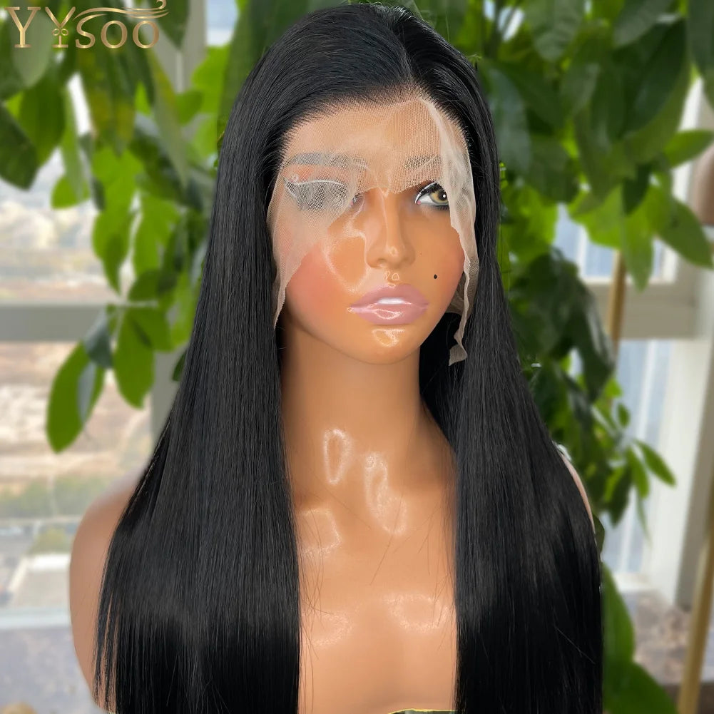YYsoo 1# Long Silky Straight Dark Black Synthetic Full Lace Wigs for Women Heat Resistant Japan Futura Hair All Hand Tied Wig
