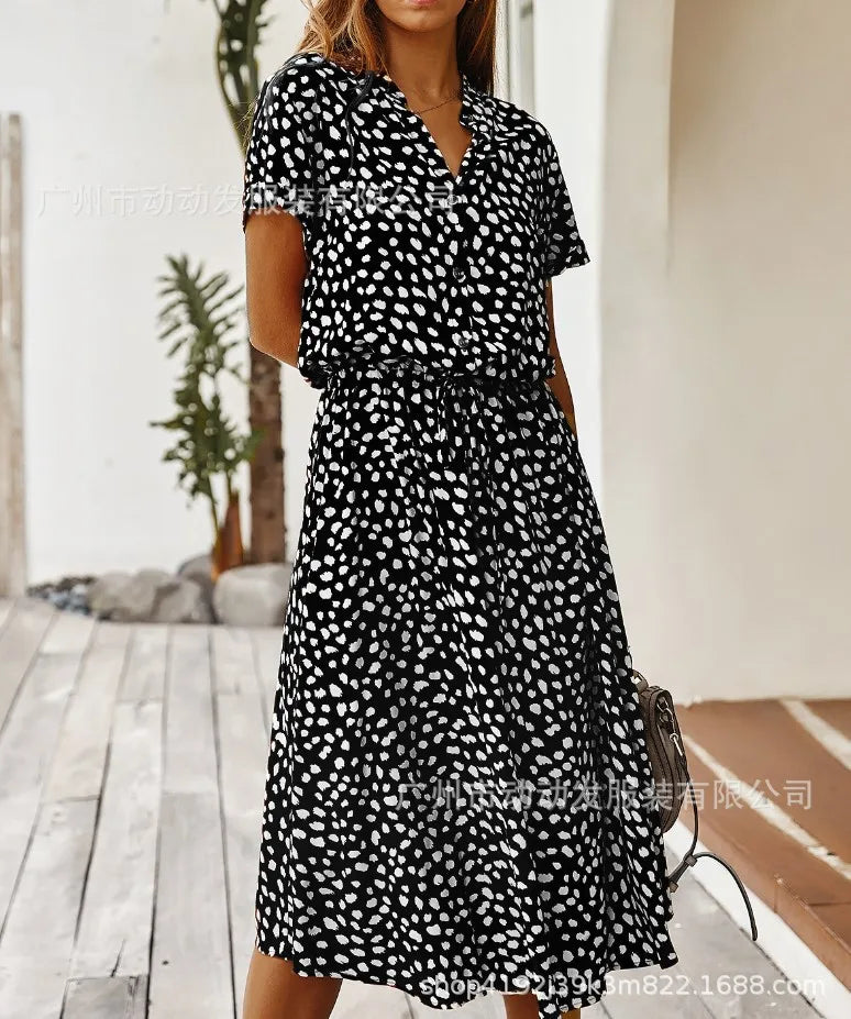 New Fashion Women's Polka Dot Print Short Sleeve Midi Dress Cotton Summer New Arrival Knee-Length Stand Collar Regular Waist