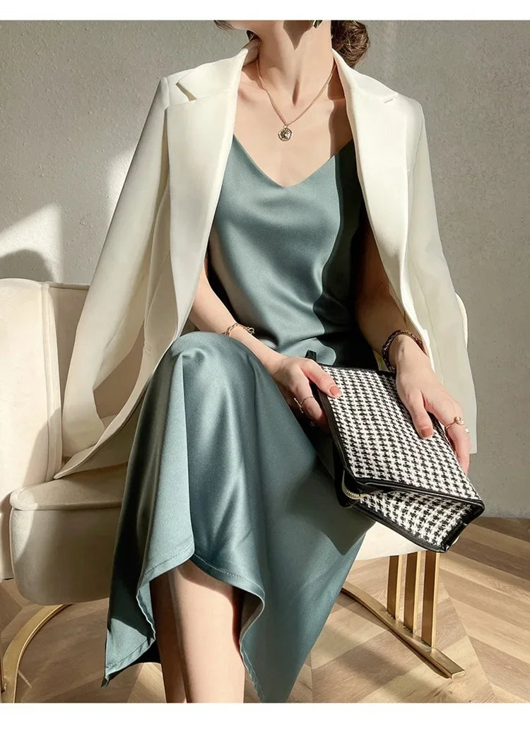 Silk V-neck Slim-fit Satin Dress Sexy Strap Long Gown for Women New 2025 Spring Summer Inner Wear Dress Elegant Lady Dress