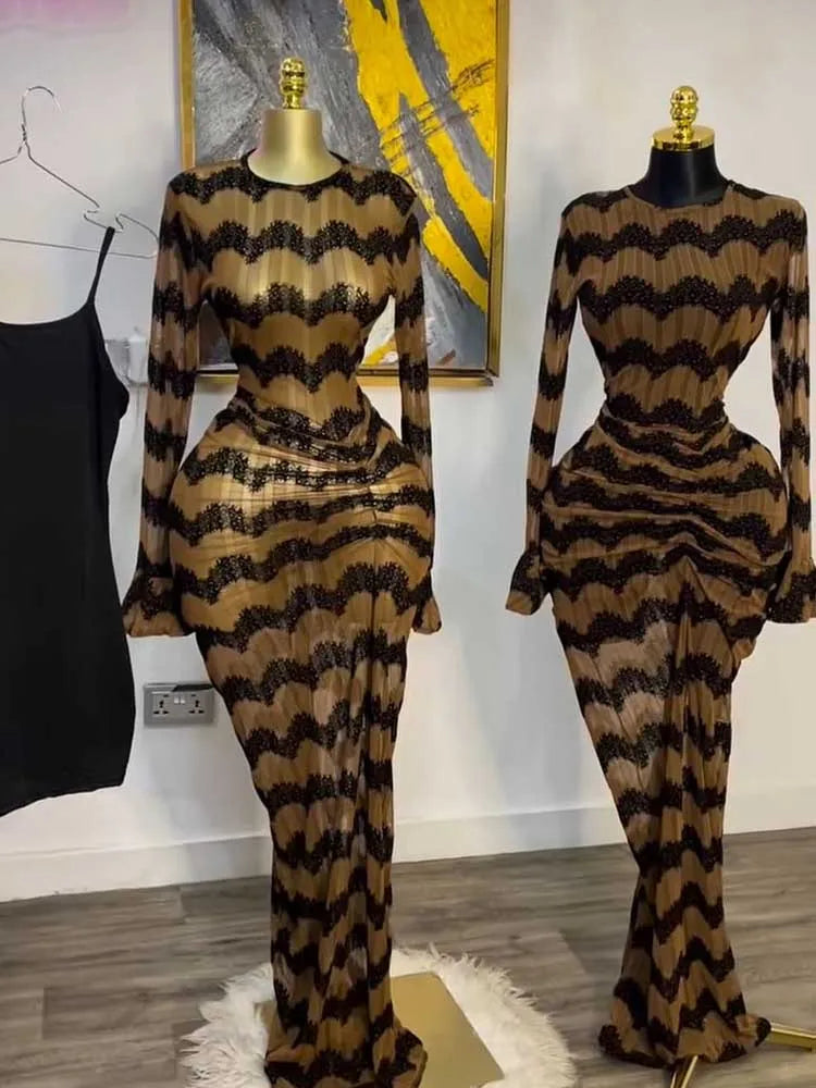 Long Sleeve Maxi Dress Chic for Women High Waist Evening Dress with Drape Sexy Brown Bandage Dress Wholesale Dropshipping