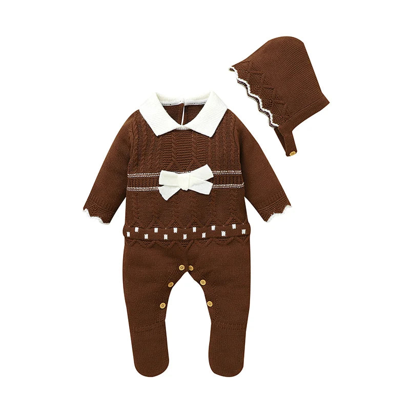 Soft Autumn Winter Baby Girls Rompers + Hat Outfits Multi-colors Available 0-9M Knitted Acrylic Newborn Baby Bodysuit Jumpsuit