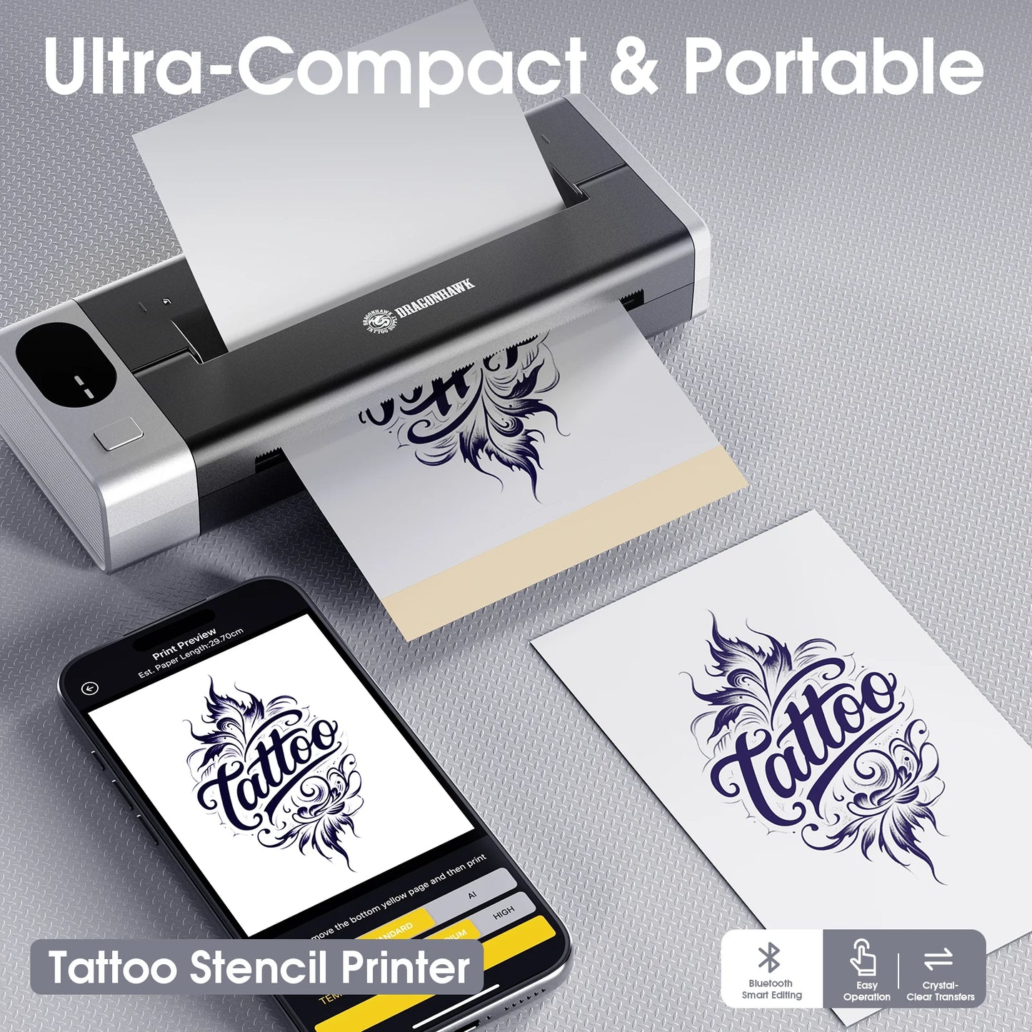 Dragonhawk Tattoo Kit Full Set with Bluetooth Thermal Tattoo Transfer Printer Wireless RCA Battery Rotary Pen for Beginners